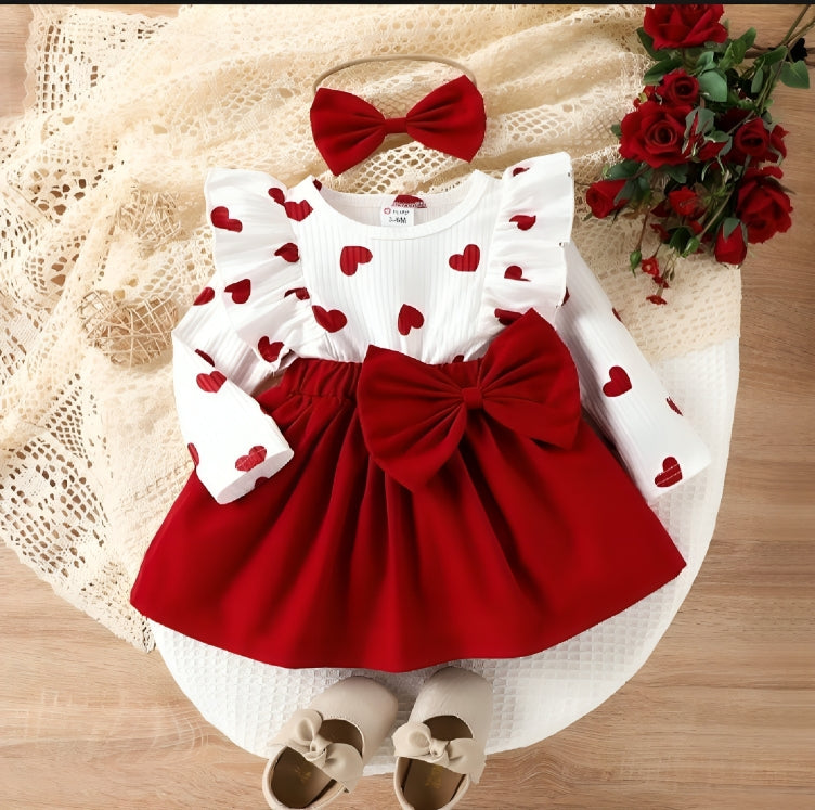 Baby Girl Heart Print Dress with Bow – 3 to 6 Months