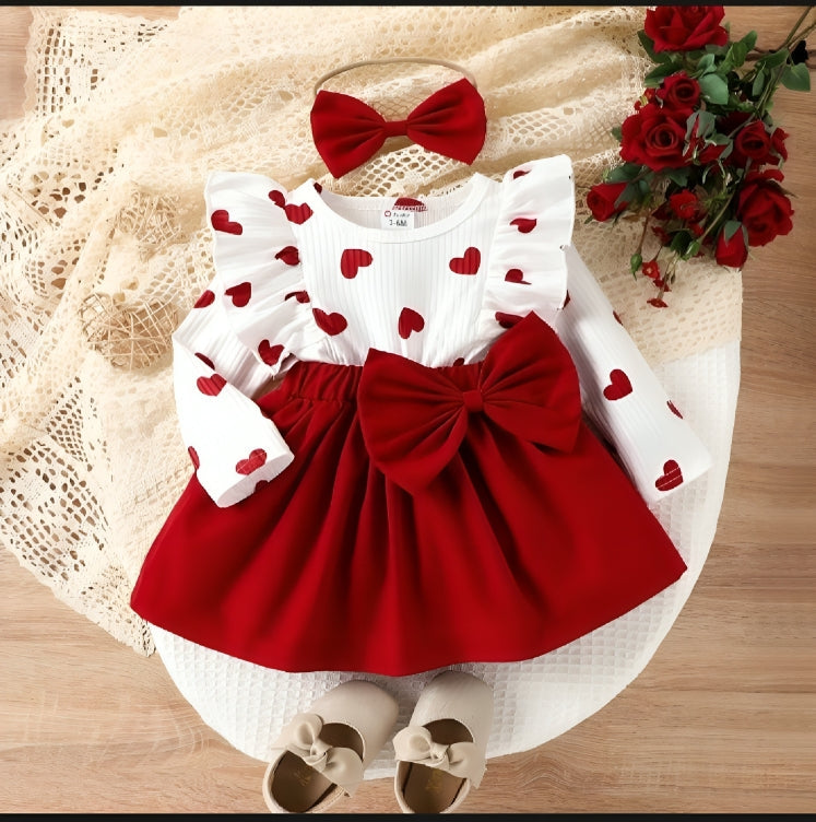Baby Girl Heart Print Dress with Bow – 3 to 6 Months
