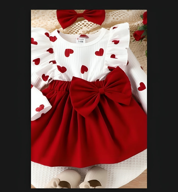 Baby Girl Heart Print Dress with Bow – 3 to 6 Months