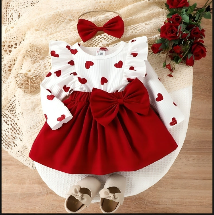 Baby Girl Heart Print Dress with Bow – 3 to 6 Months