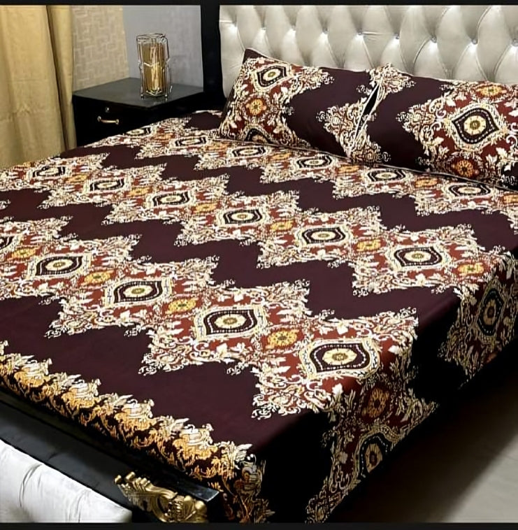 Elegant Beige Floral & Geometric Printed Bed Sheet Set with Pillow Covers