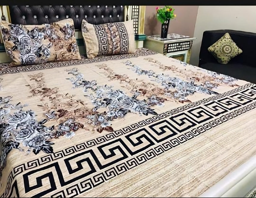 Elegant Beige Floral & Geometric Printed Bed Sheet Set with Pillow Covers
