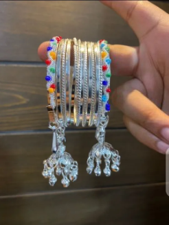 Traditional Silver Bangles with Multicolor Beads and Ghungroo Charms
