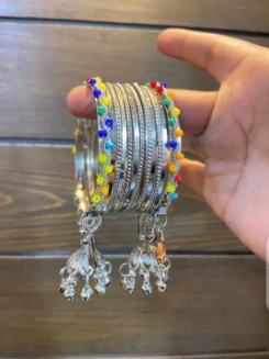 Traditional Silver Bangles with Multicolor Beads and Ghungroo Charms