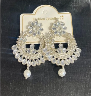 Elegant Silver Stone-Studded Chandbali Earrings