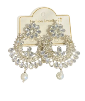 Elegant Silver Stone-Studded Chandbali Earrings