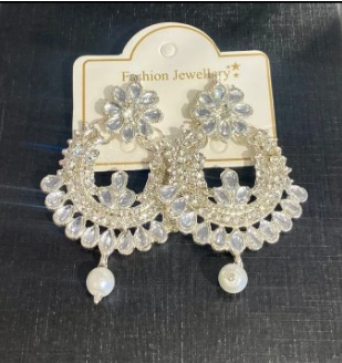 Elegant Silver Stone-Studded Chandbali Earrings