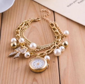 Elegant Gold Charm Bracelet with Pearls & Mini Watch Pendant