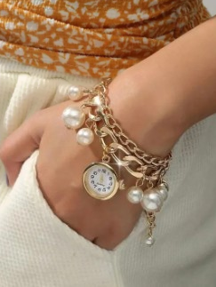 Elegant Gold Charm Bracelet with Pearls & Mini Watch Pendant