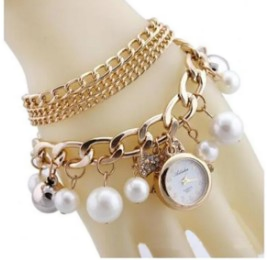 Elegant Gold Charm Bracelet with Pearls & Mini Watch Pendant