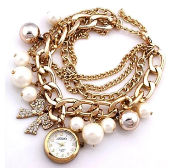 Elegant Gold Charm Bracelet with Pearls & Mini Watch Pendant