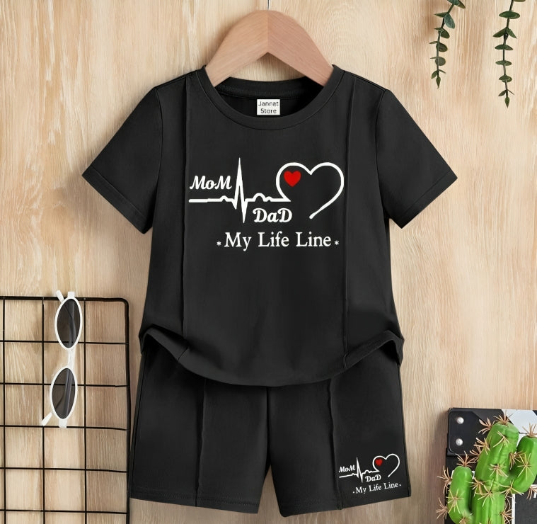 "My Life Line" Black Summer Outfit for Boys – Mom & Dad Love Printed Set