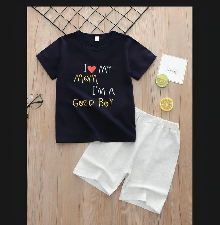 Boys Summer Outfit Set – "I Love My Mom, I'm a Good Boy"